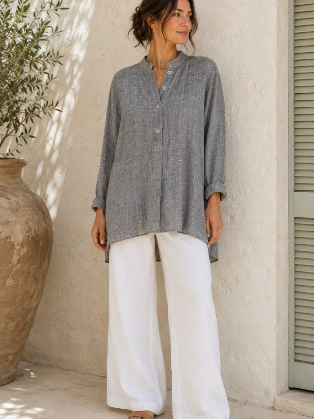 Eileen Fisher Linen Tunic Womens S Gray Button Front Lagenlook Minimalist Casual